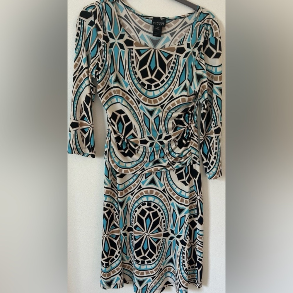 Enfocus Studio Geometric Long Sleeve Dress in Blue and Tan